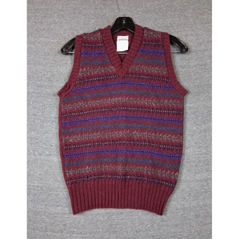 Nordstrom Mens Sweater S Red Fair Isle Made In Scotland 100% Wool Vest VTG Cabin